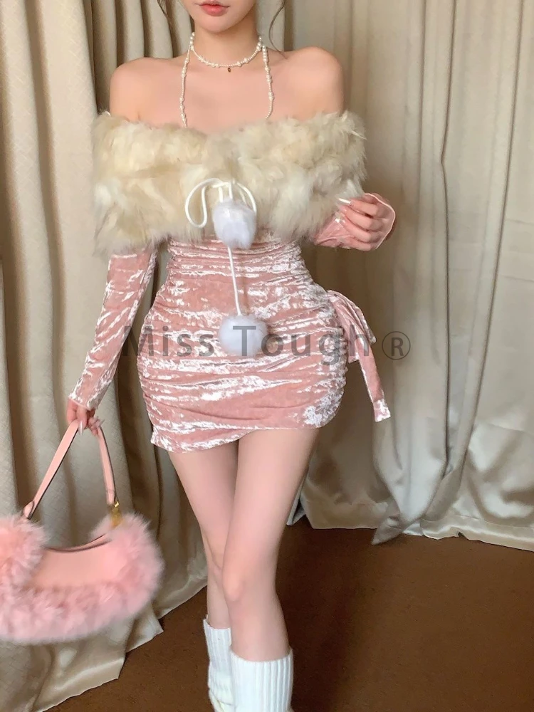 Winter French Sexy Slim Sweet Pink Dress New Fashion One Off Shoulder Velvet Dresses Spice Girl High Sense Elegant Clothing 2024