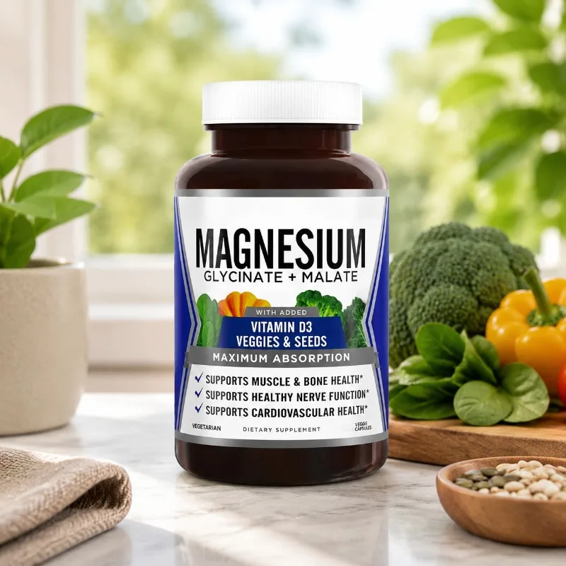 

With Magnesium Glycinate & Malate Vitamin D3 Complex Capsules Vegetarian Dietary Supplement 90 Capsules Per Bottle