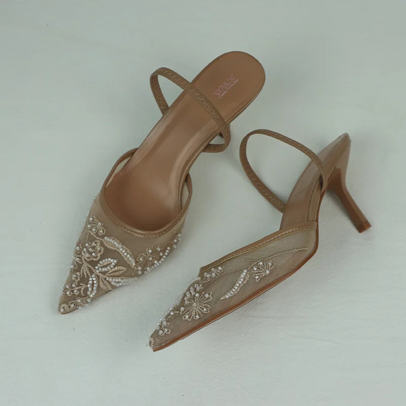 Women's Sandals 2025 Summer Brand Designer Ladies Flower Mesh Open Heel Shoes Sexy High Heel Pointed Toe Stiletto Pumps Mules