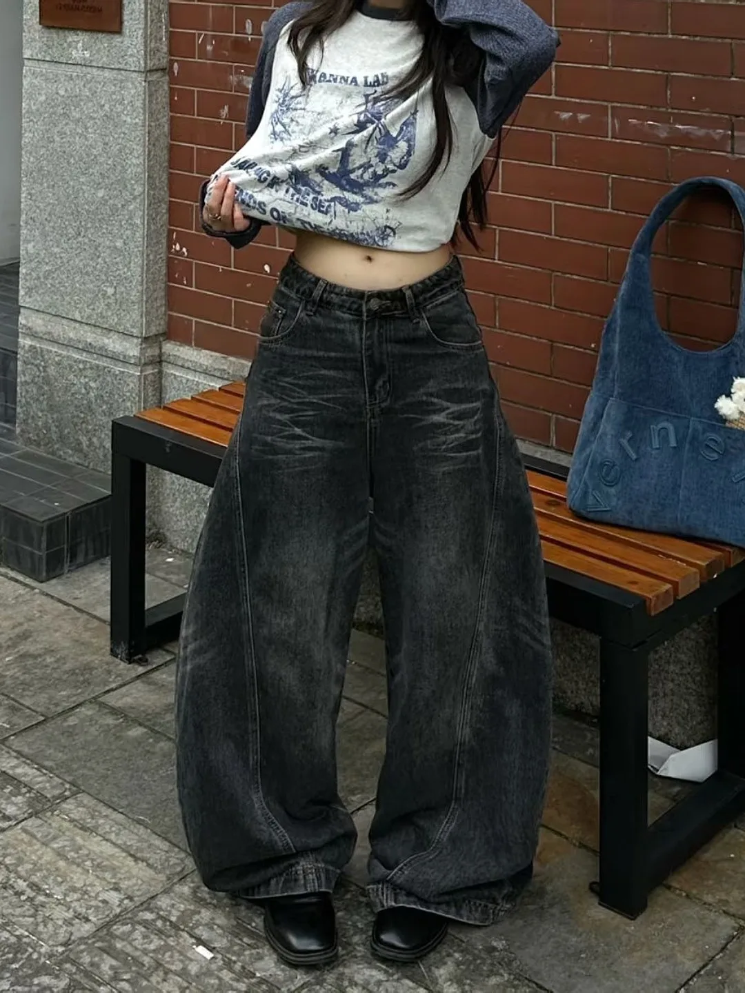 Calças Jeans American High Street com Efeito Lavado e Rasgos, Corte Casual Solto de Perna Larga e Comprimento Total, Unissex,...