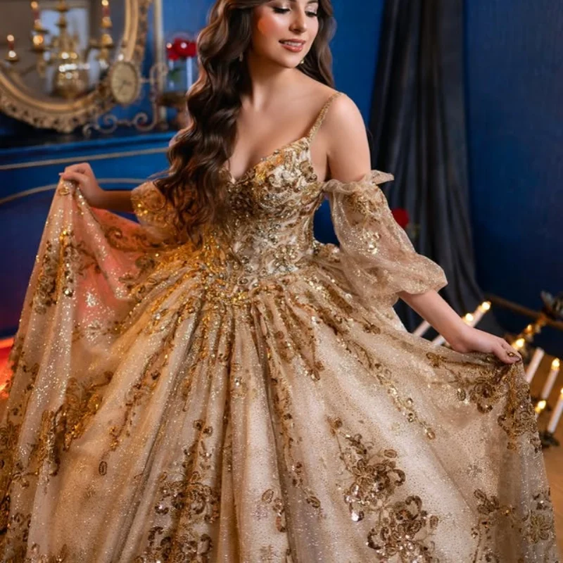 Personnalisé brillant champagne or Quinceanera robes hors De l'épaule tulle cristal applique arc dentelle robe De 15 Quinceanera