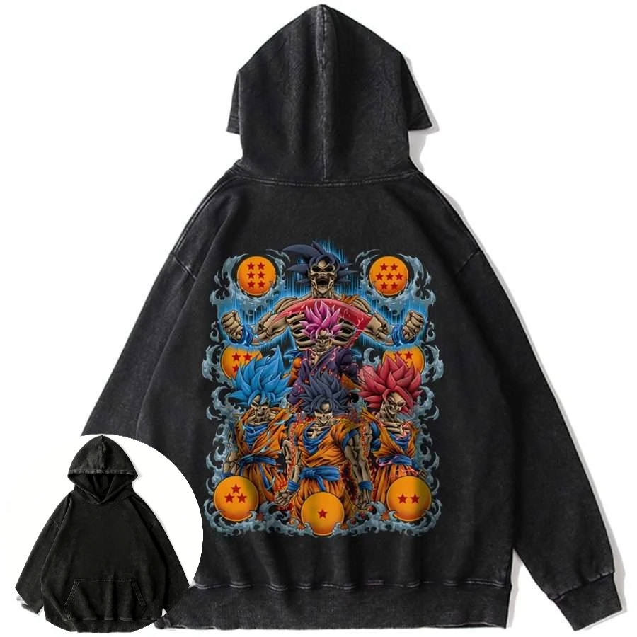 

Men's Vintage Dragon Ball Cotton Hoodie Anime Characters Colorful Hair Group with Star Balls Back Print Casual Long Sleeve