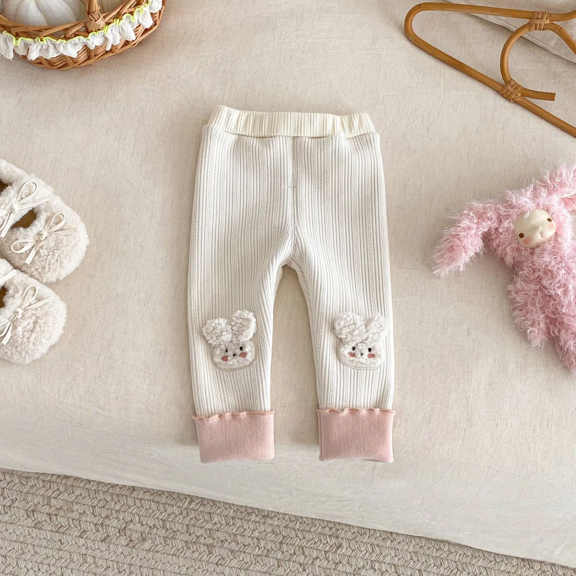 0–5 Jahre Kinder-Mädchen-Leggings, Kleidung, 2026, Frühling, mit Fleece gefüttert, niedliches Kaninchen, bestickt, warme lange Hose, weiche, dehnbare Hose – Detail 24