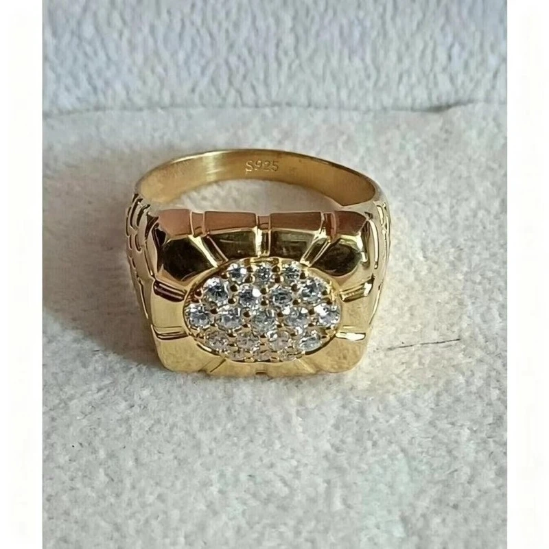 Luxury 18K Gold Plated 925 Sterling Silver Wide Men's Ring with Stamp Design Round Cluster Moissanite Hip Hop Shiny Personality
