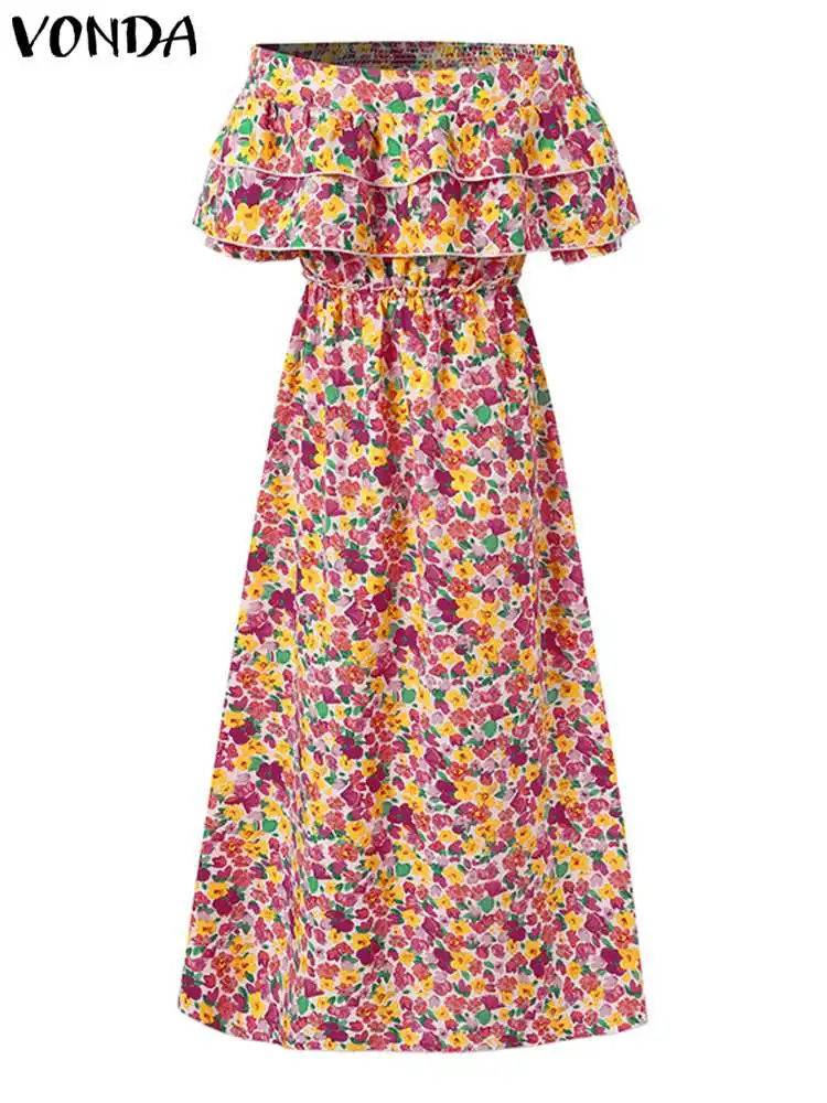 VONDA Summer Maxi Dress Women Bohemian Off Shouler 2024 Floral Print Casual Loose Robe Half Sleeve Vintage Beach Party Sundress