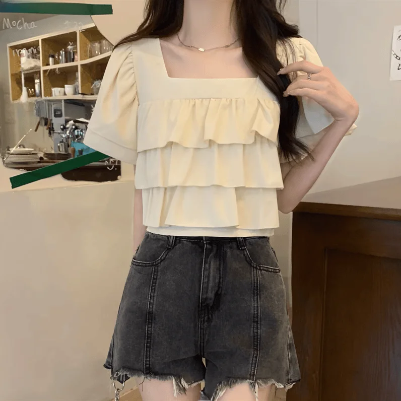เสื้อชีฟองทรงหลวม คอเหลี่ยม แขนสั้น สไตล์เกาหลี รุ่นซัมเมอร์ 2024 ดีไซน์หวาน แฟชั่น แต่งระบายชายเสื้อ