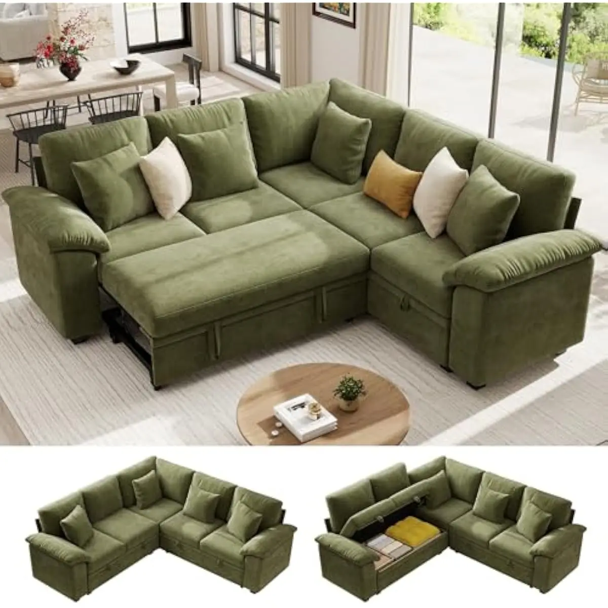 86 inch modular L shaped sectional sofa with pull out bed mechanism and concealed storage compartments upholstered in soft breat