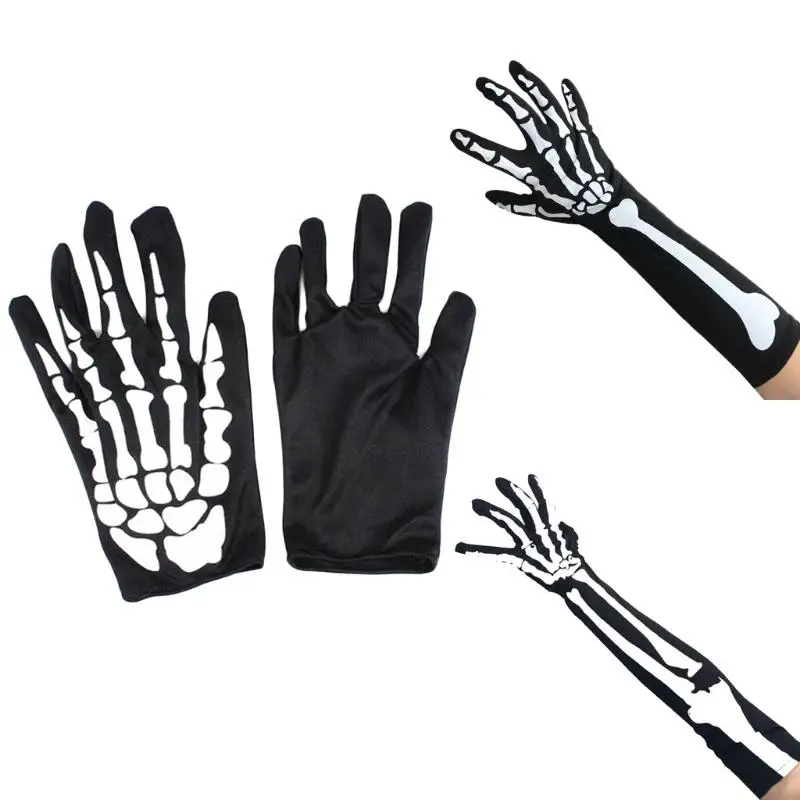 MXMB Skeleton Full Finger Gloves Bone Print Halloween Long Arm Length Wrist Length