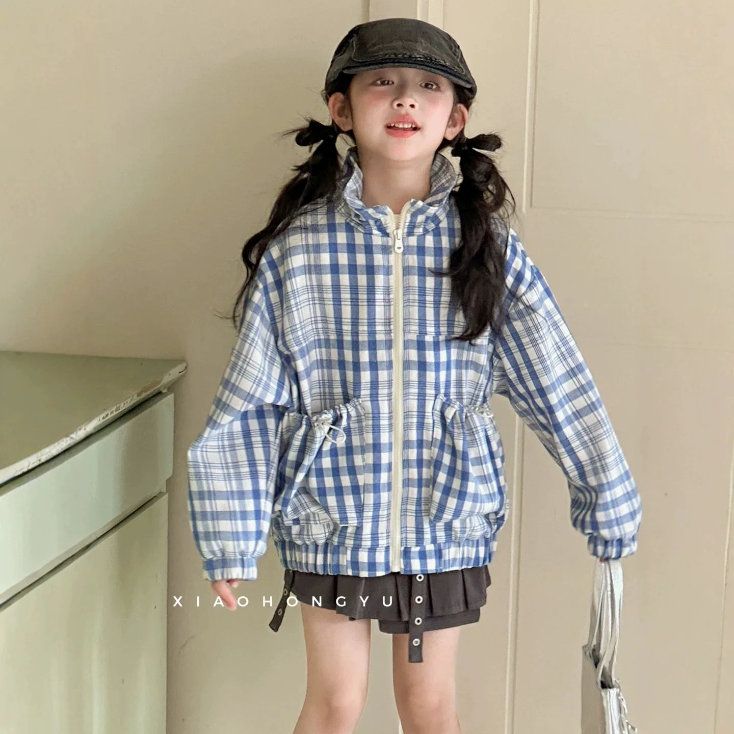 Girls Plaid Coat Autumn Outfit Korean Childrens Clothing Stand Collar Blue Childrens Top Parent Child Outfit