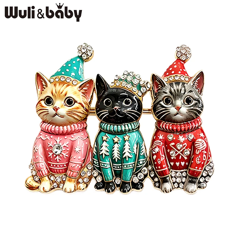 Wuli&baby Three Christmas Cats Brooches For Women Unisex Lovely Wear Hat Friends Cat Kitty New Year Party Brooch Pins Gifts