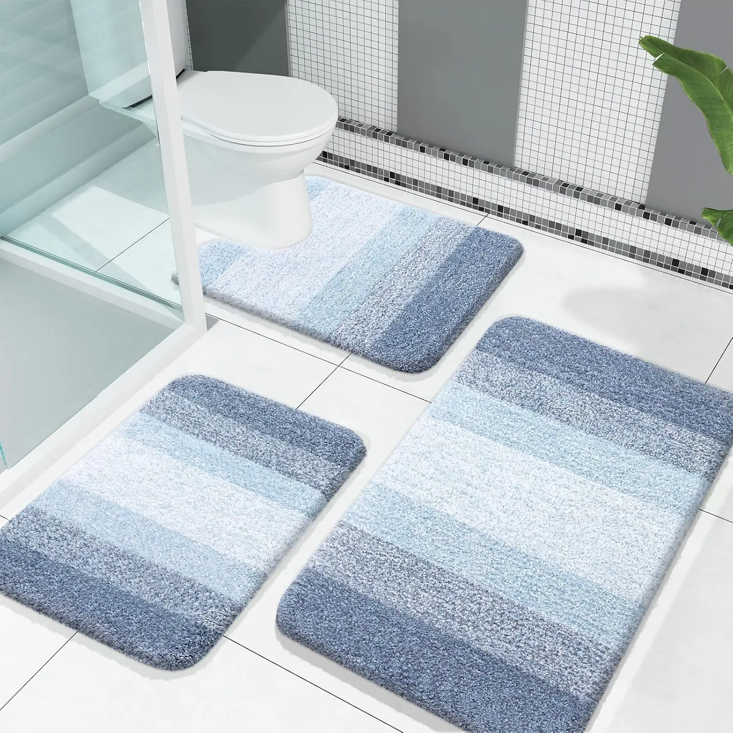 

Bathroom Rugs Sets 3 Piece, Soft Absorbent Microfiber Bath Mats and U-Shaped Contour Toilet Rug, Plush Shaggy Bath Mat