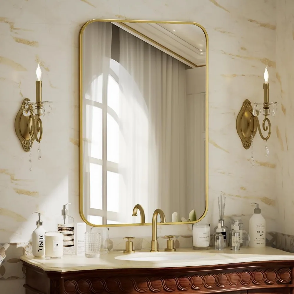 

24x36 Inch Gold Rectangular Bathroom Mirror with Rounded Corners, Aluminum Alloy Frame, Wall Mounted
