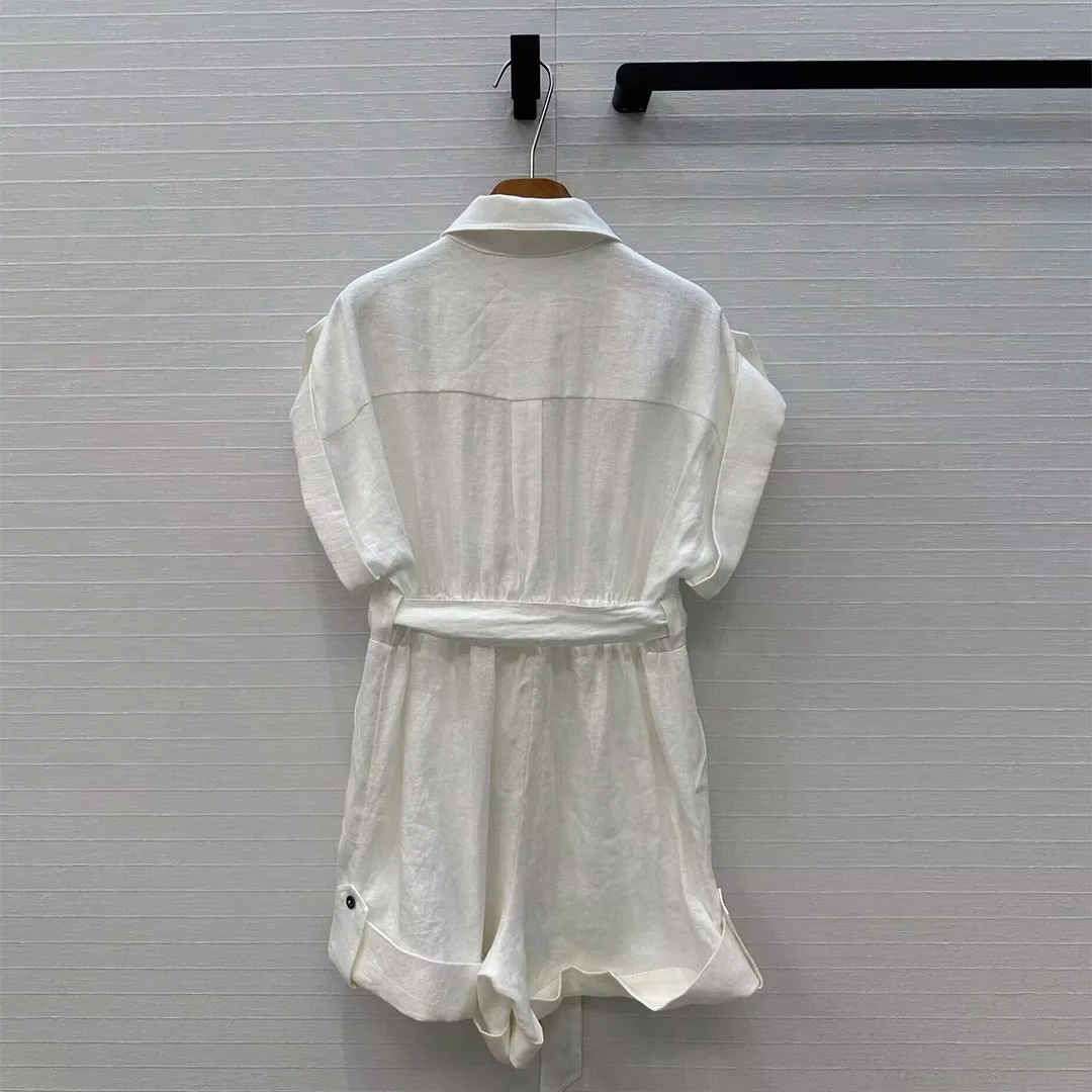 

Новинка 2023 года, летние комбинезоны из 100% льна в стиле Old Money, женские свободные комбинезоны с лацканами и короткими рукавами, карманами и поясом