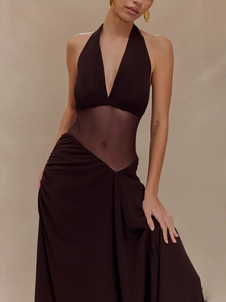 Durchsichtiges Chiffon-Maxikleid für Damen, Neckholder, tiefer V-Ausschnitt, Krawatte, sexy, rückenfrei, schmal, asymmetrisch, schmale A-Linien-Kleider, Partykleidung