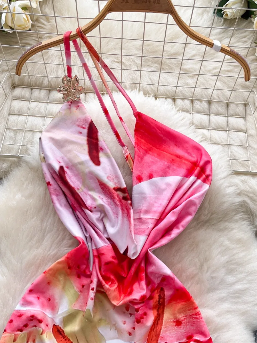 Foamlina ฤดูร้อนคอ SLIM FIT PURE Desire สาวร้อน Bodycon ชุดมินิยุโรปเซ็กซี่ Slanted COLLAR พิมพ์ Halter Dresses