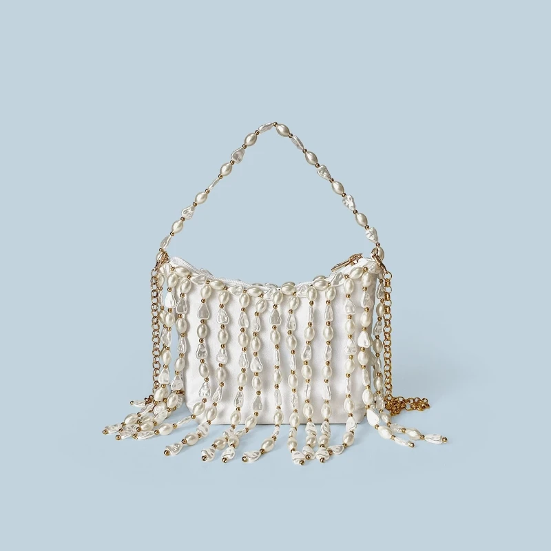 

Vintage Pearl Beading Bucket Bags for Women Seaside Wedding Woven Silk Satin Dumpling Bag Boho Small Evening Handbag Sacs À Main