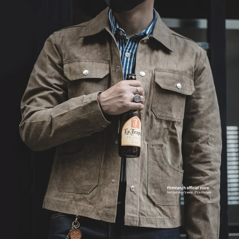

Firmranch American Retro Vintage Brown Oil Wax Jacket, Heavy-duty Autumn Winter Multi-pocket Amekaji Short Motorcycle Coat