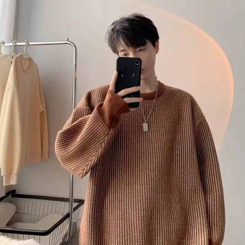 

Faionable Striped Loose Fit round Ne Knitwear Autumn Winter New Sle Japanese Retro ex Long Sve Warm Elastic Poly...