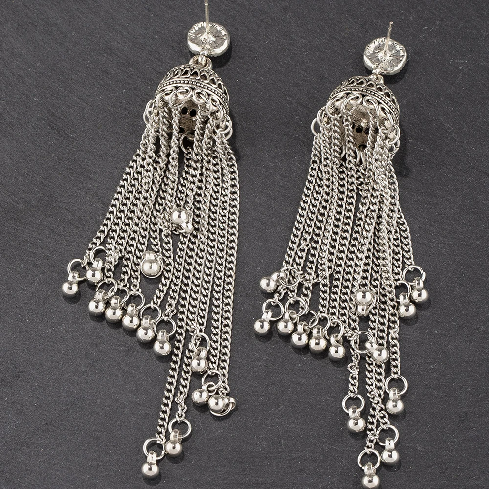 Vintage New Silver Metal Long Tassel Earrings for Women Indian Jewelry Lantern Chain Dangle Earrings Ethnic Party Pendientes