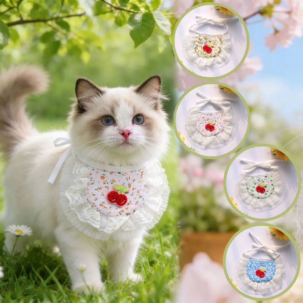 

Cute Pet Lace Bib Adjustable Cherry Print Cat Bandana Soft Dog Scarf Washable Saliva TowelINS Daily Wear Pet Grooming Accessory