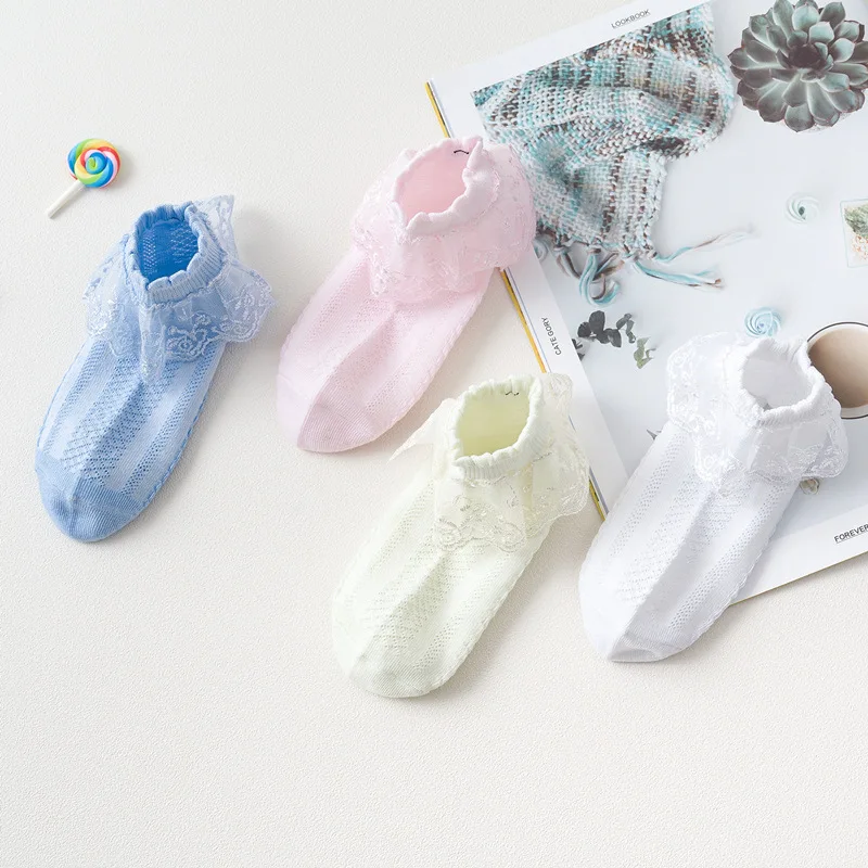 Chaussettes à volants en dentelle pour petites filles, lot de 5 paires, princesse, maille, courtes, respirantes, en coton, blanc, rose, bleu, pour