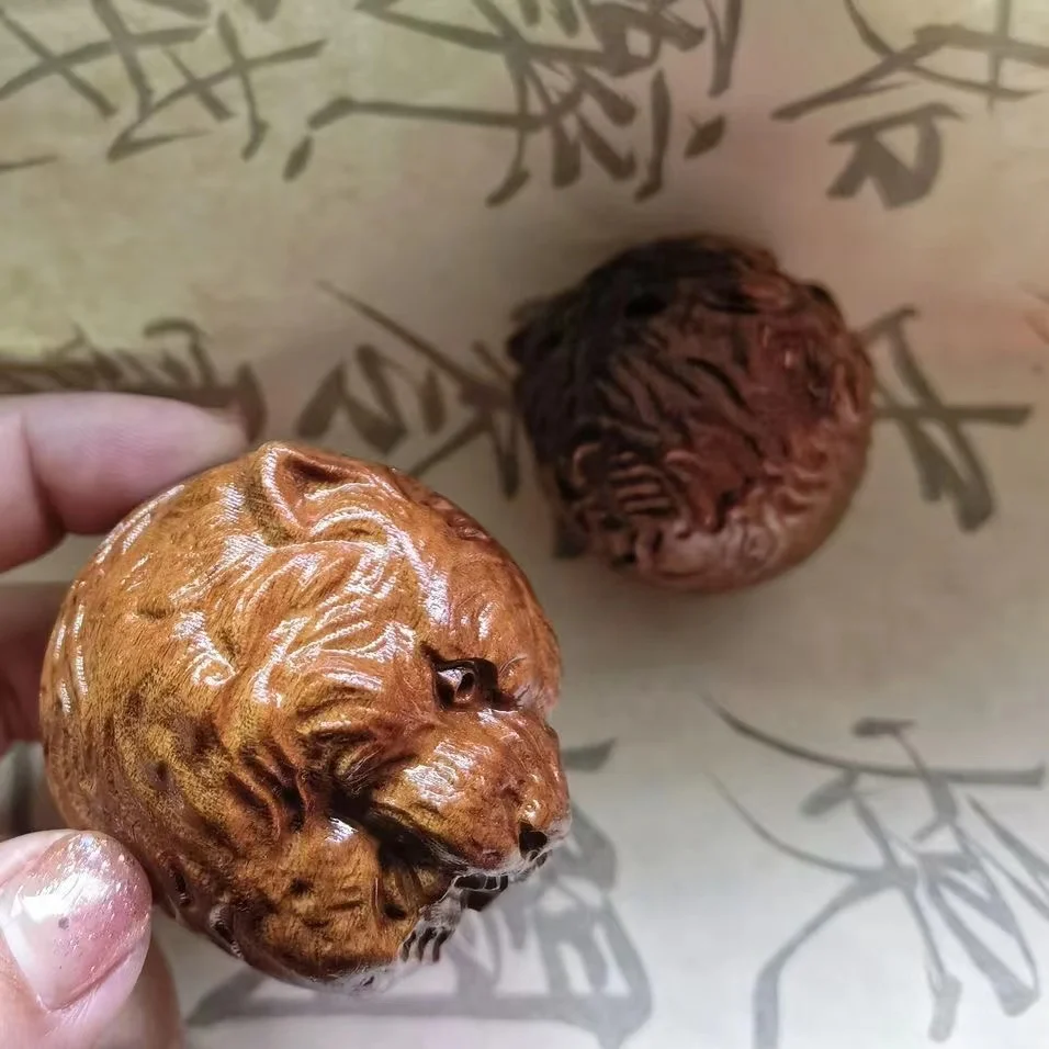 Huanghuali Wood Twelve Zodiac Health Ball with Tiger Head Carving Massage Ball Cultural Relic Fitness Solid Wood Handle Piece