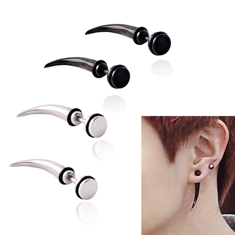 Unique Titanium Steel Horn Taper Stud Earrings Men Punk Long Spike Hook Ear Piercing Earrings Hiphop Jewelry