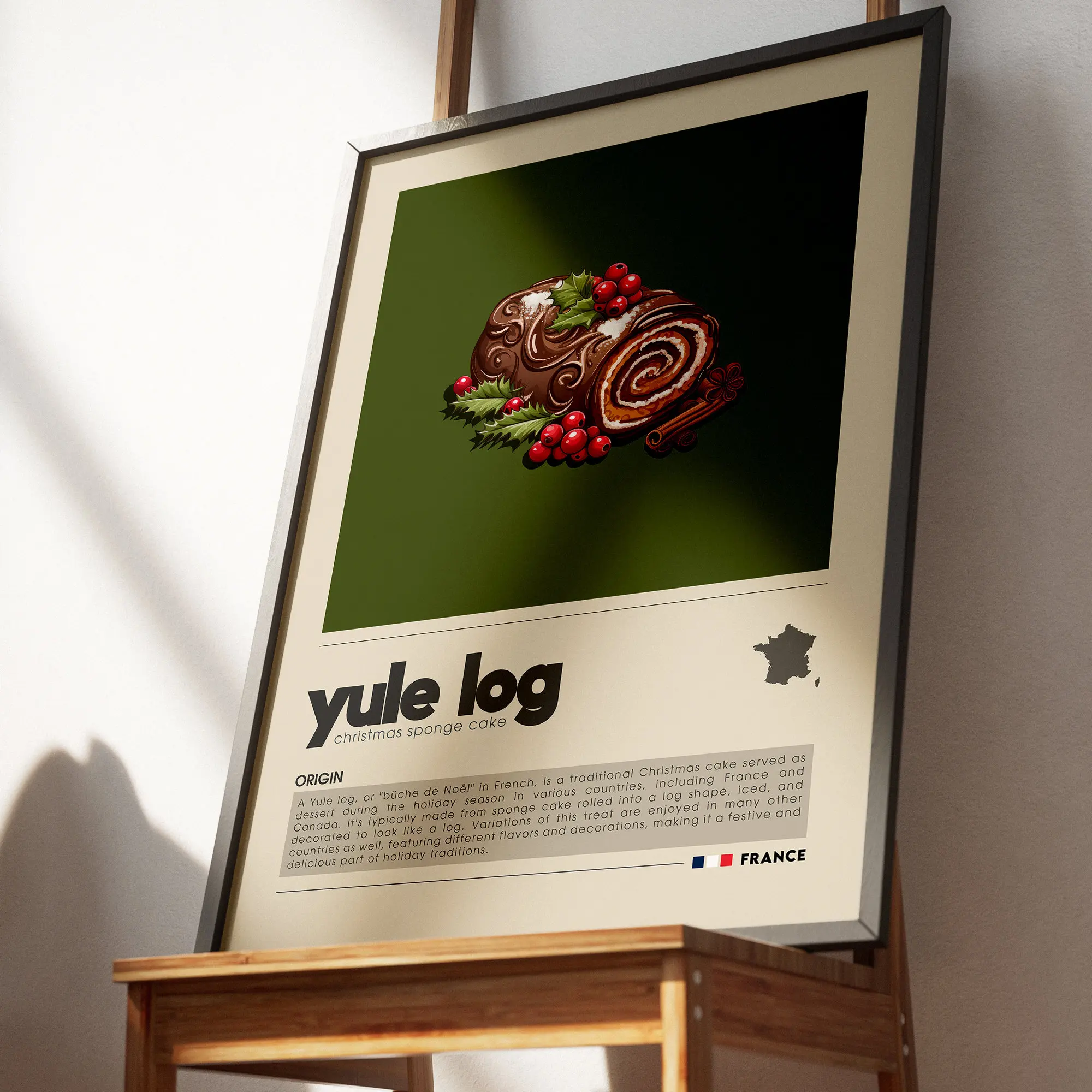 French Minimalist Dessert Art Poster,Yule Log Cake,Zeppole,Matcha Ice,Beautiful Dessert Decor Aesthetic Mural,Cafe Bakery Decor