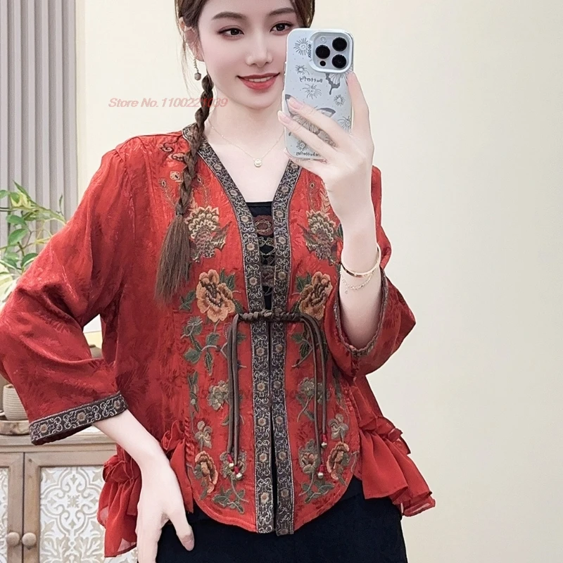 Chemisier ethnique traditionnel chinois, chemisier floral vintage, chemisier folklorique aviation, chemisier oriental en satin jacquard, médicaments hanfu, 2025