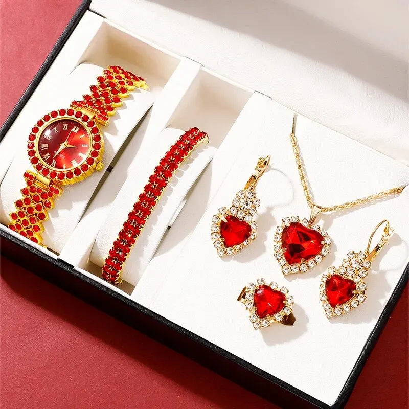 Women's Red Watch Ring Necklace Earrings Bracelet Set Rhinestone Fashion Wristwatch Female Casual Ladies Quartz Watches