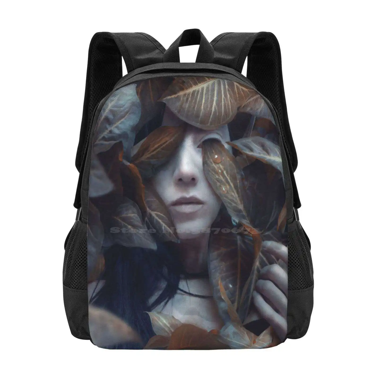 Hydroponic 3d Print Design Backpack Student Bag Face Portrait Garden Nature Autumn Sadness Tears Emotion Hand Black Hair Woman