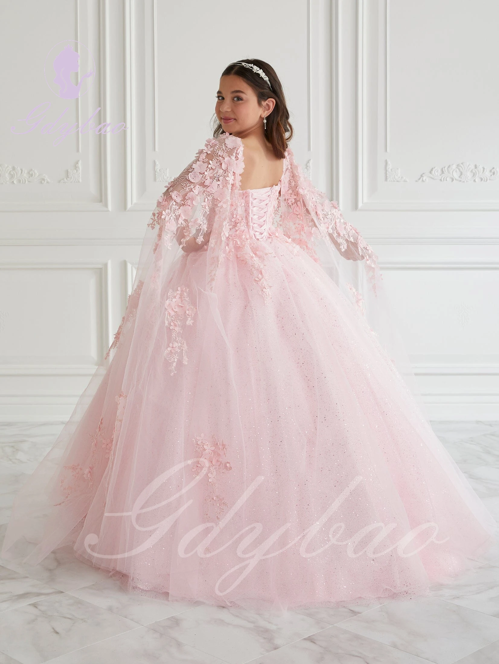 Pink Flower Girl Dresses For Wedding 3D Appliques Floor Length Kids Bespoke Occasion Dresss First Holy Communion Gowns