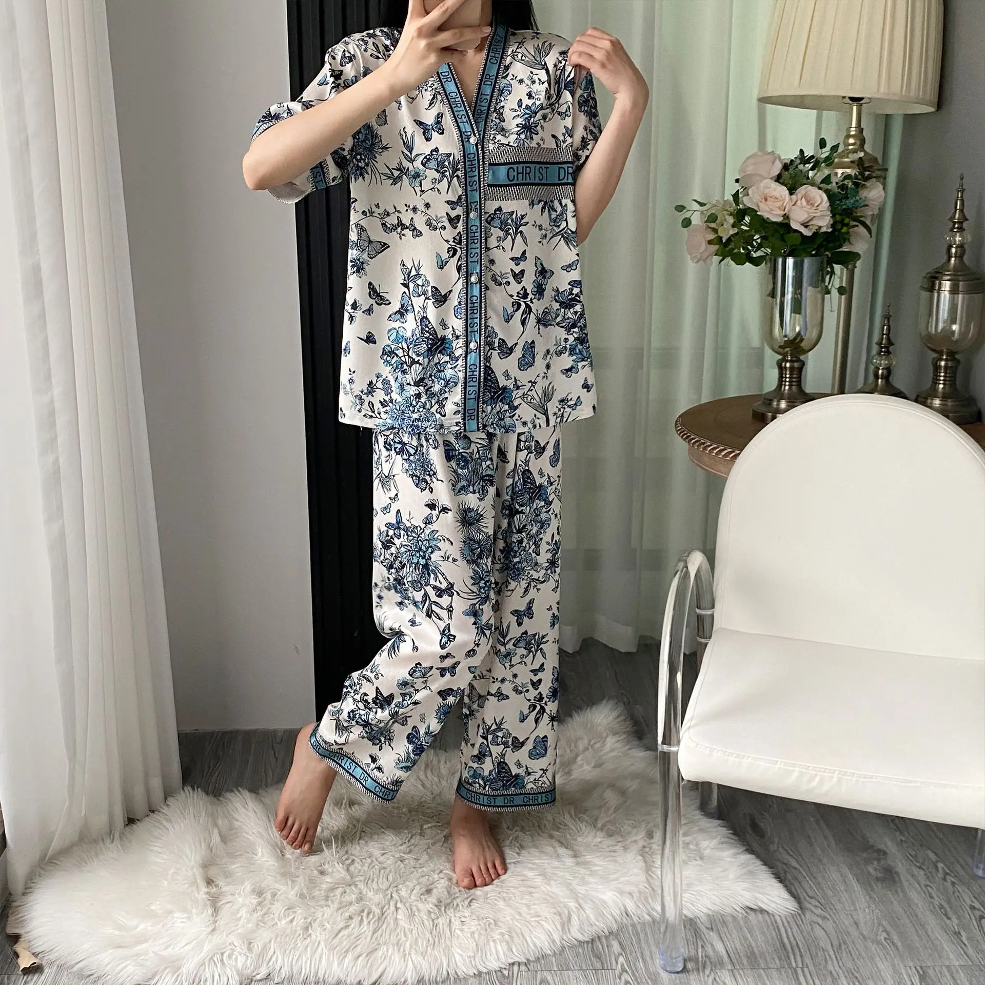 butterfly animal print satin pajama sets 2 piece pants trouser ruffled lady outfit lounge women pijama sleepwear pajama sleep