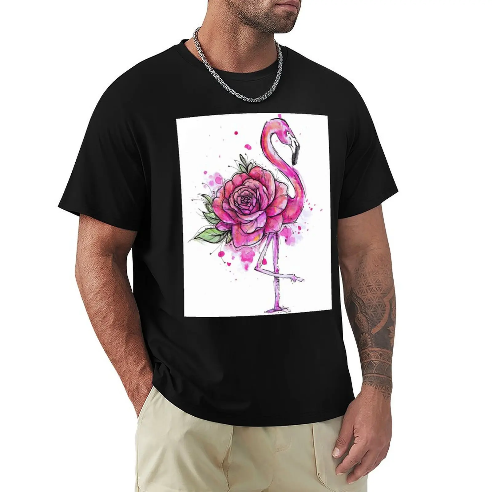 

Watercolor Flamingo Rose Illustration T-Shirt Festive Simple T-Shirt