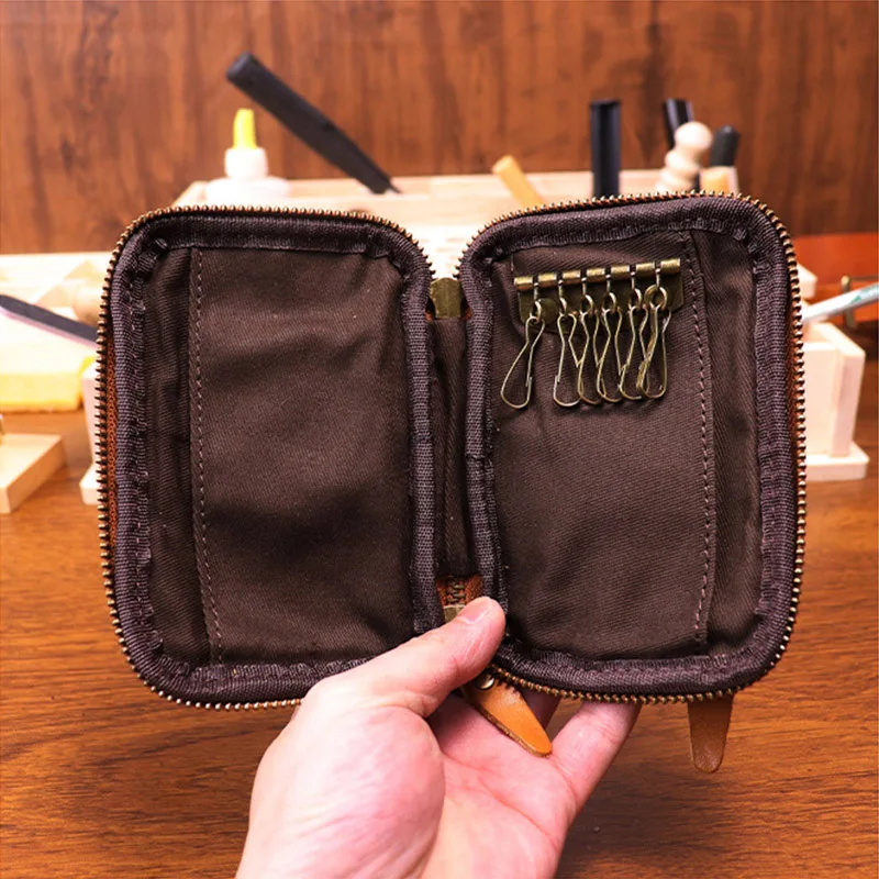 Schlüsseltasche aus echtem Rindsleder, einfarbig, quadratisch, für Karten, Schlüssel, Organizer, Schlüsselanhänger, Retro-Geldbörse, Vintage-Schlüsseletui mit Reißverschluss