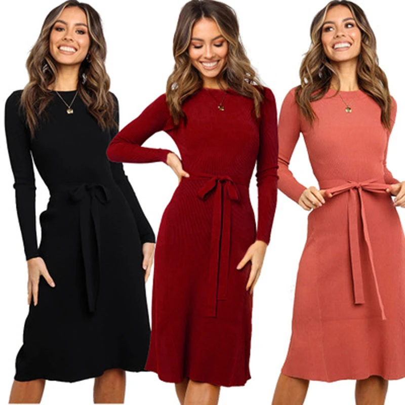 

Solid Color Winter Casual Party Dresses Women Long Sleeve Belt Black Red Dress 2020Autumn Ladies Stretch Bandage Midi Work Dress