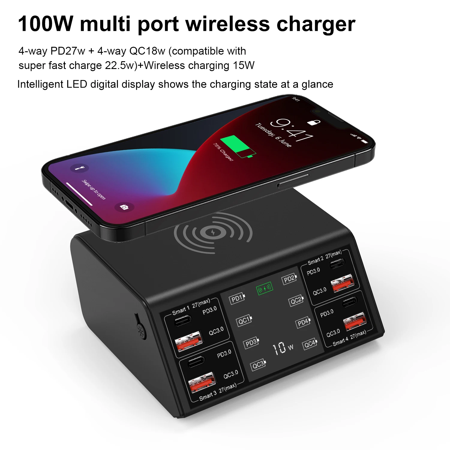 MUCAI 100W 8 Ports Fast Charger QC PD3.0 USB Charger Adapter  Wireless Charger Charging Station Quick Charge For iPhone Xiaomi