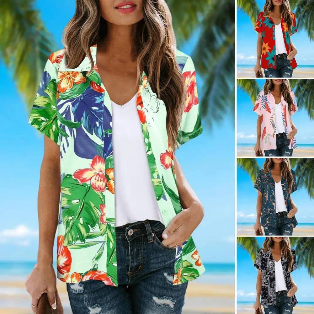 Women Summer Casual Hawaiian Shirt Lapel Short Sleeve Single Breasted Shirt Floral Print Loose Beach Shirt Top Blouse Streetwear