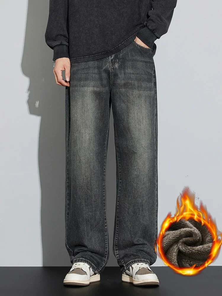 

Зимние флисовые мужские теплые джинсы, свободные широкие утолщенные термоджинсовые брюки в стиле ретро, модные прямые уличные плюшевые брюки