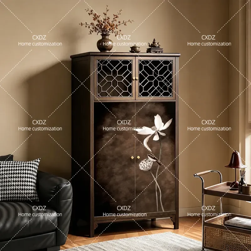 Solid Wood Hollow Wardrobe Retro Lotus Pattern Storage Cabinet High Entrance Locker for Living Room Household Furniture