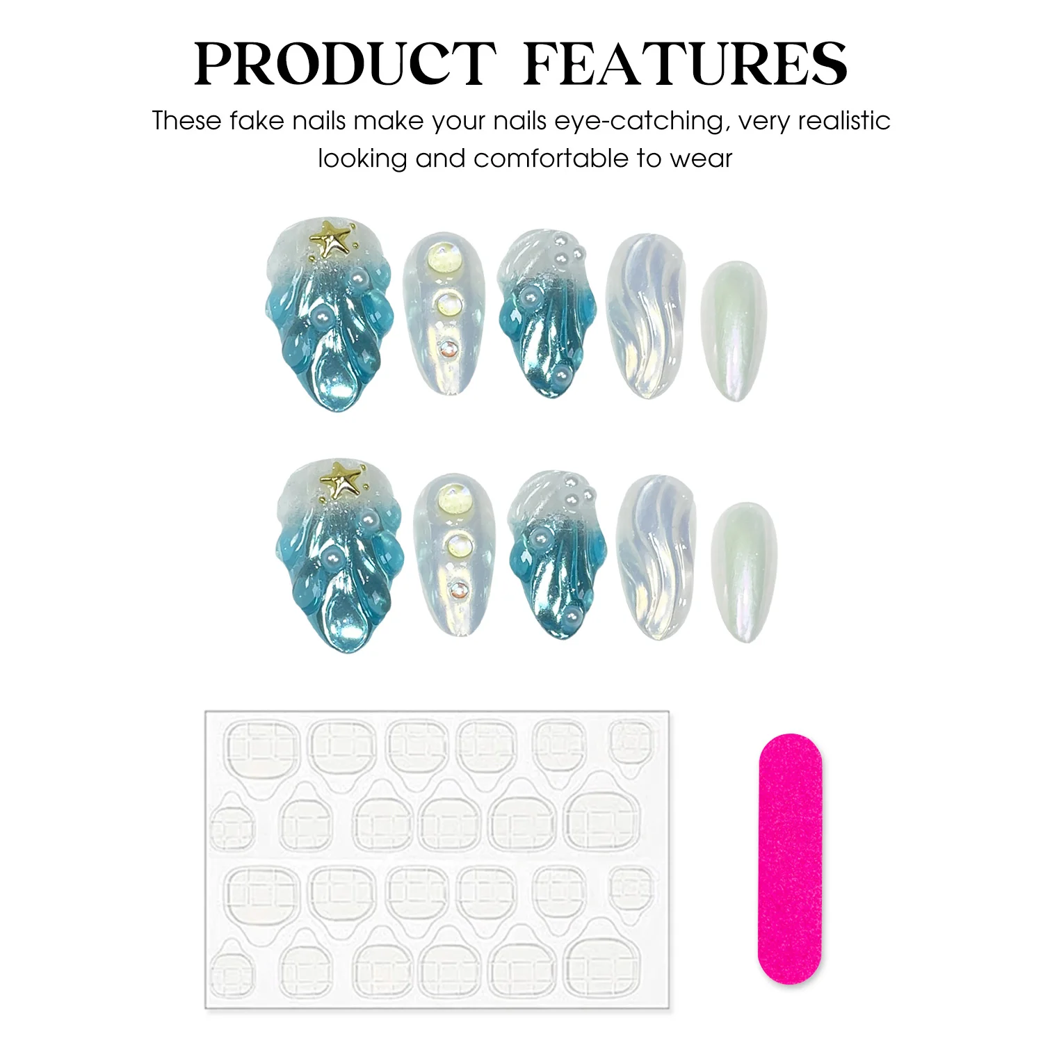 10szt 3D Summer Handmade Fake Nails Glossy French Style Press On Nail Fflash Shells Pearl Golden Star Designs Press On Nails