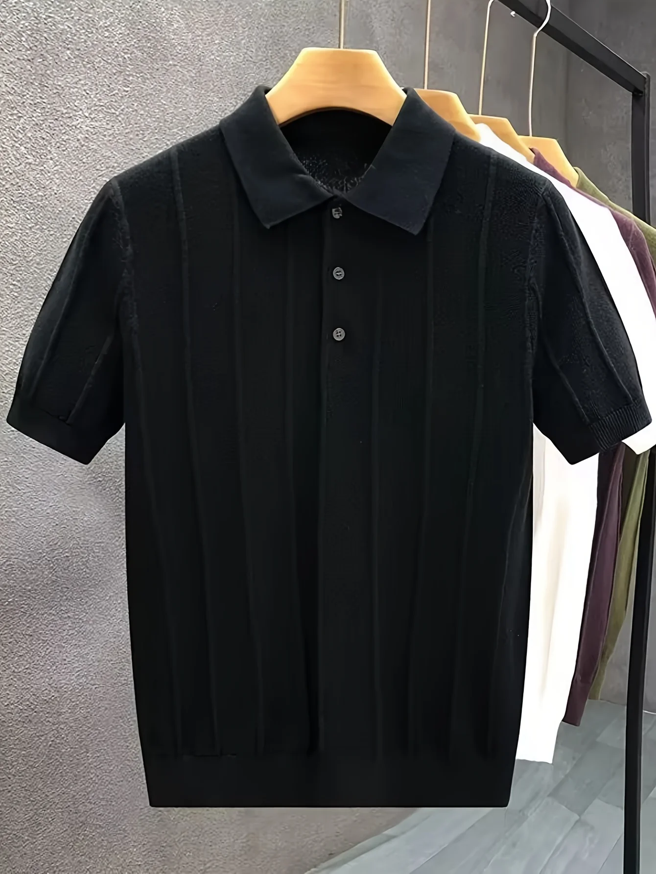 High-End Luxury Vertical Stripe Texture Short-Sleeved Polo Shirt Knitted Top for Men - Summer New Style Solid-Colored Collar Woo