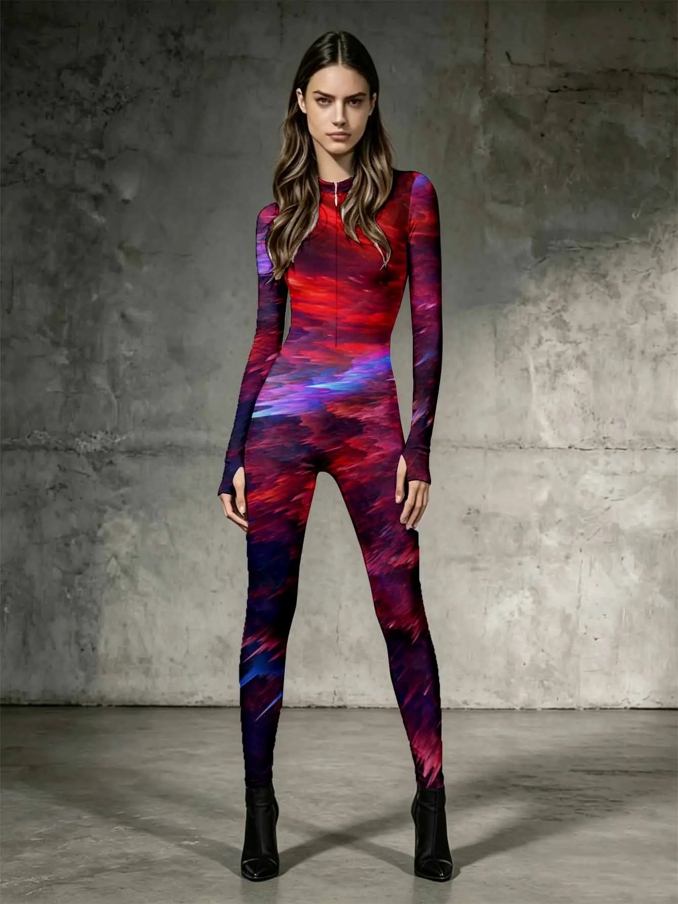 Tight one-piece long sleeved jumpsuit with zipper design, personalized and trendy fashion piece