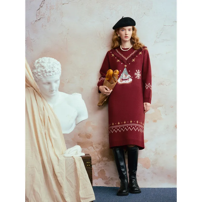 

Scarlet Snow Night Ode: Tassel Patchwork Christmas Tree Snowflake Sweater Dress
