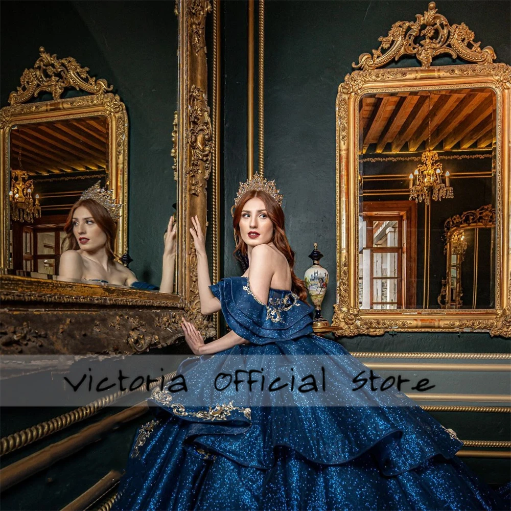 Amazing Dark Blue Princess Quinceanera Dresses 2025 Beads Ruffles Gold Applique Ball Gown Mexican vestidos de 15 años Customized