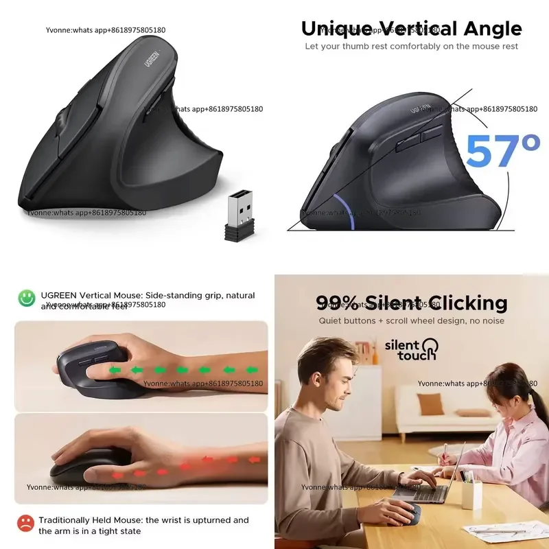 UGREEN M571 Vertical Wireless Mouse 2.4G 4000 DPI Mouse 5 Mute Buttons Wireless Optical Mouse for Laptop PC Computer