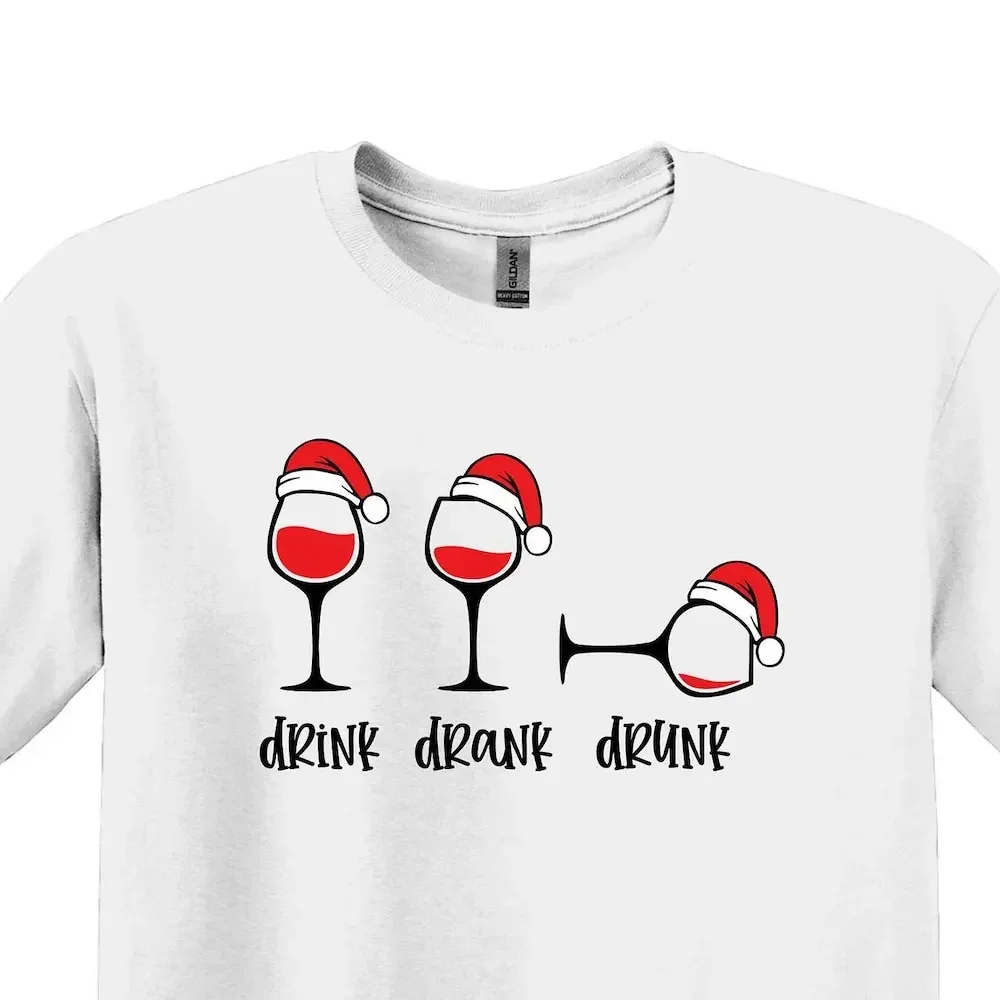 شرب شرب في حالة سكر سانتا النبيذ تي شيرت عيد الميلاد الأحمر حزب الزجاج الأسرة عيد الميلاد