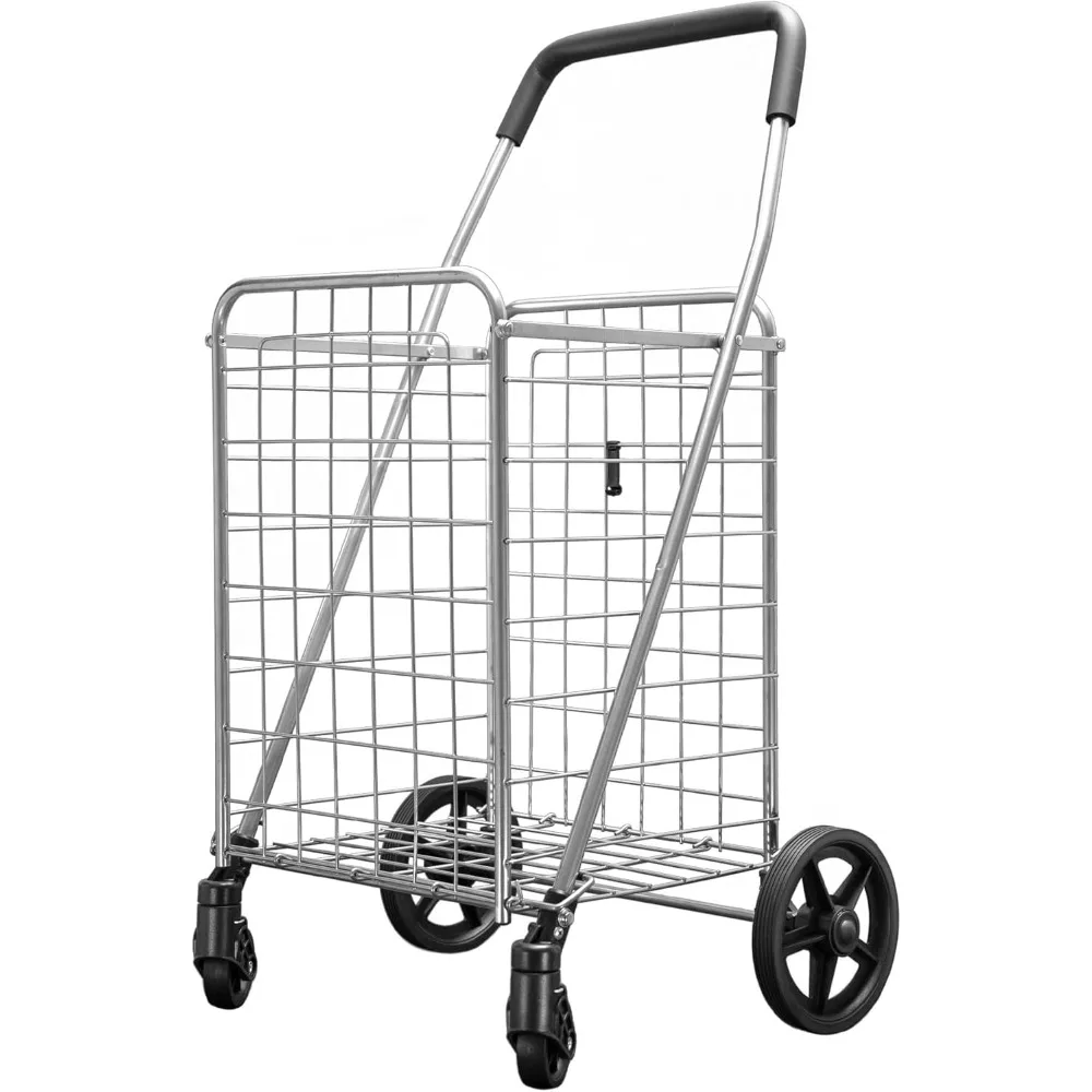 Folding Shopping Cart with 360-Degree Swivel Wheels, Silver (Single Basket)