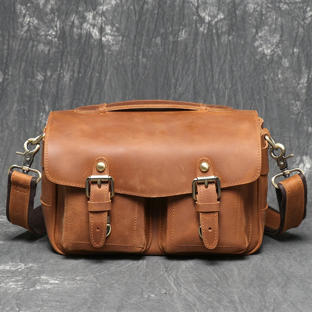 Cámara réflex de un solo lente de cuero genuino retro, mochila de un solo hombro, bolso bandolera, bolso de mano de alta gama para cámara.