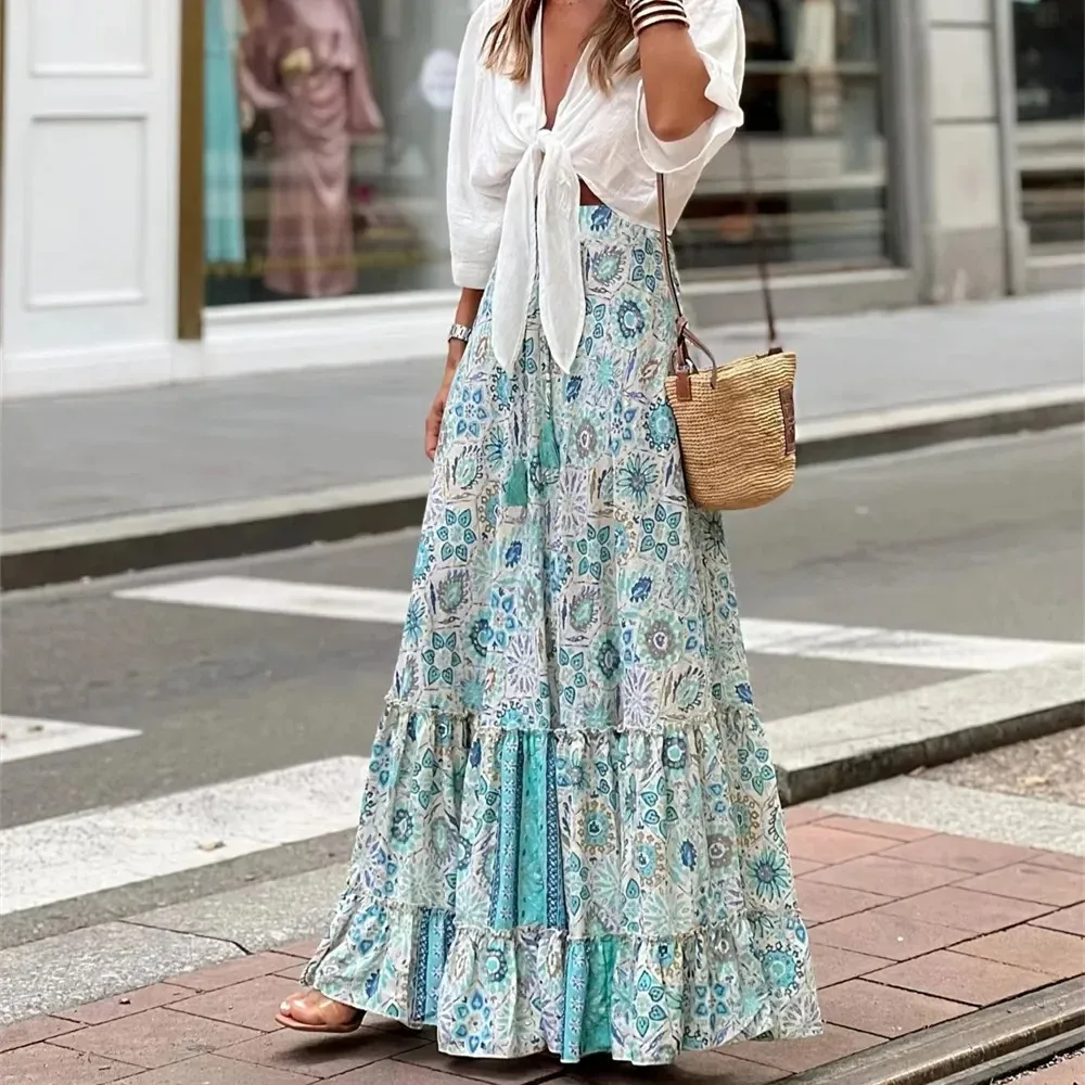 Summer Vintage Long Skirts Women Clothes Boho Faldas y2k Print Casual Beach Maxi Skirt Woman Clothing Bohemian Ethnic Style